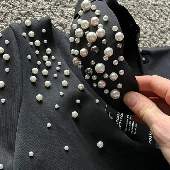 NWT Boston Proper Black Pearl Blouse & Headband Wmn 6 Embellished Romantic Paris - Picture 2 of 8
